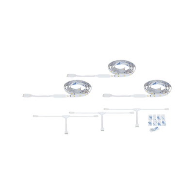 Set of three white LED light strips with connectors for versatile lighting setups