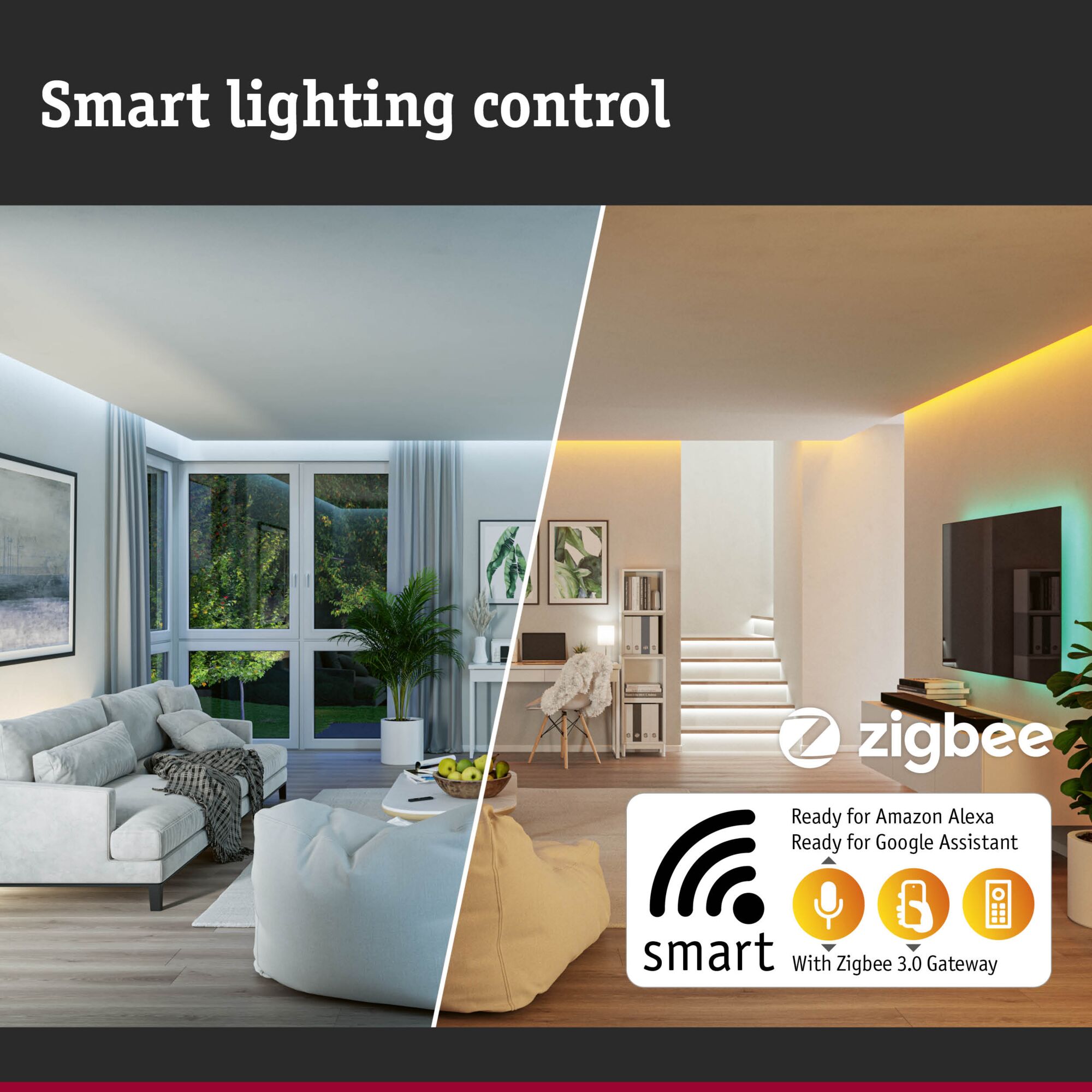 Modern living room with smart Zigbee lighting and voice control for Alexa and Google Assistant