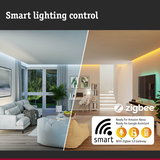 Modern living room with smart Zigbee lighting and voice control for Alexa and Google Assistant
