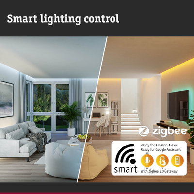 Modern living room with smart Zigbee lighting and voice control for Alexa and Google Assistant