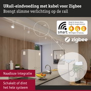 Witte URail-eindvoeding met kabel voor Zigbee slimme verlichtingssysteem in moderne keuken