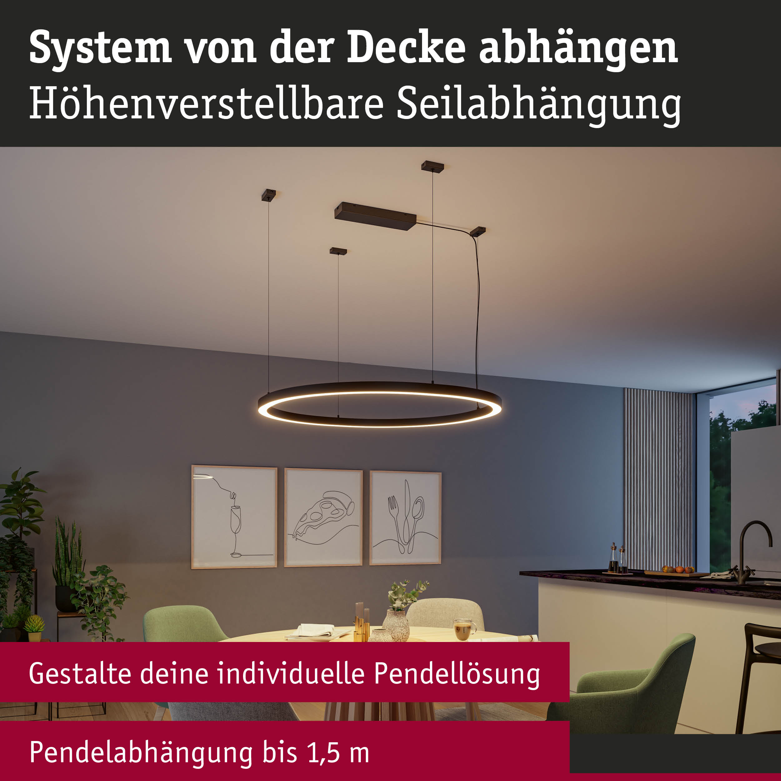 Moderne höhenverstellbare Pendelleuchte mit schwarzem Metallring und LED-Beleuchtung im Esszimmer.