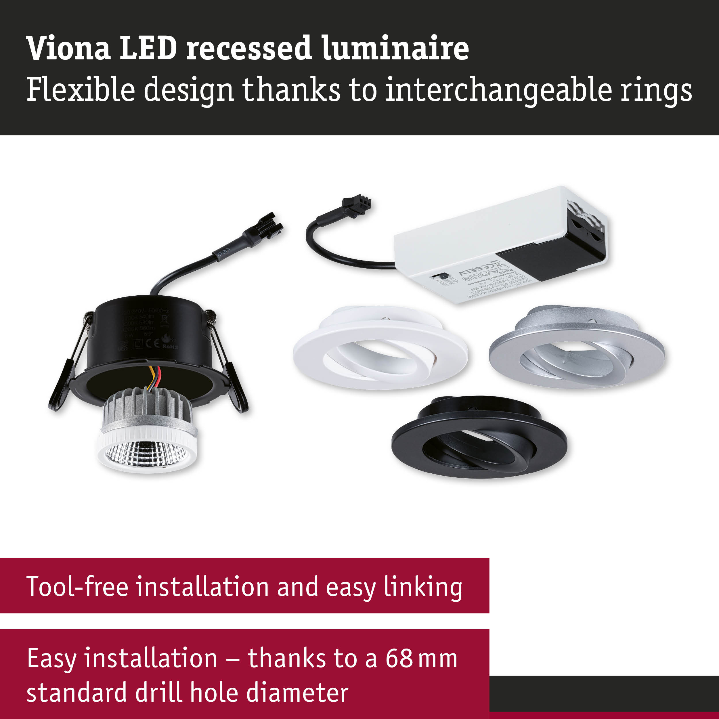 Viona black LED recessed spotlight with interchangeable white and silver rings for flexible lighting