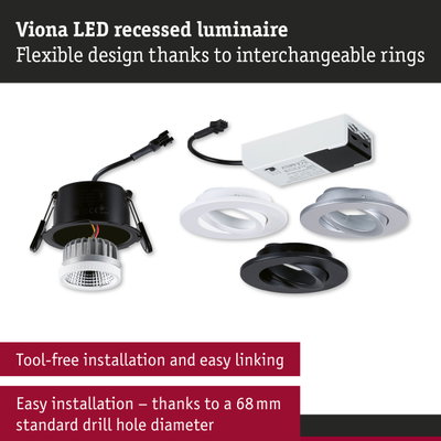 Viona black LED recessed spotlight with interchangeable white and silver rings for flexible lighting