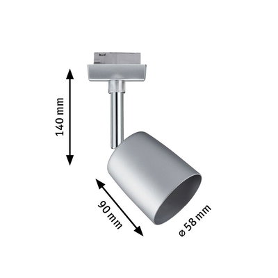 Silver metal LED spotlight with 140 mm height and 58 mm diameter for track lighting systems.