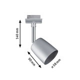 Silberner LED-Strahler aus Metall mit 140 mm Höhe und 58 mm Durchmesser für Schienensysteme.