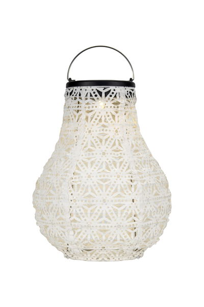 White decorative metal lantern with pattern and handle, ideal for ambient lighting and outdoor use.