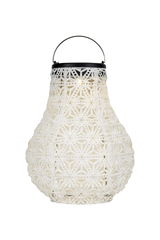 White decorative metal lantern with pattern and handle, ideal for ambient lighting and outdoor use.