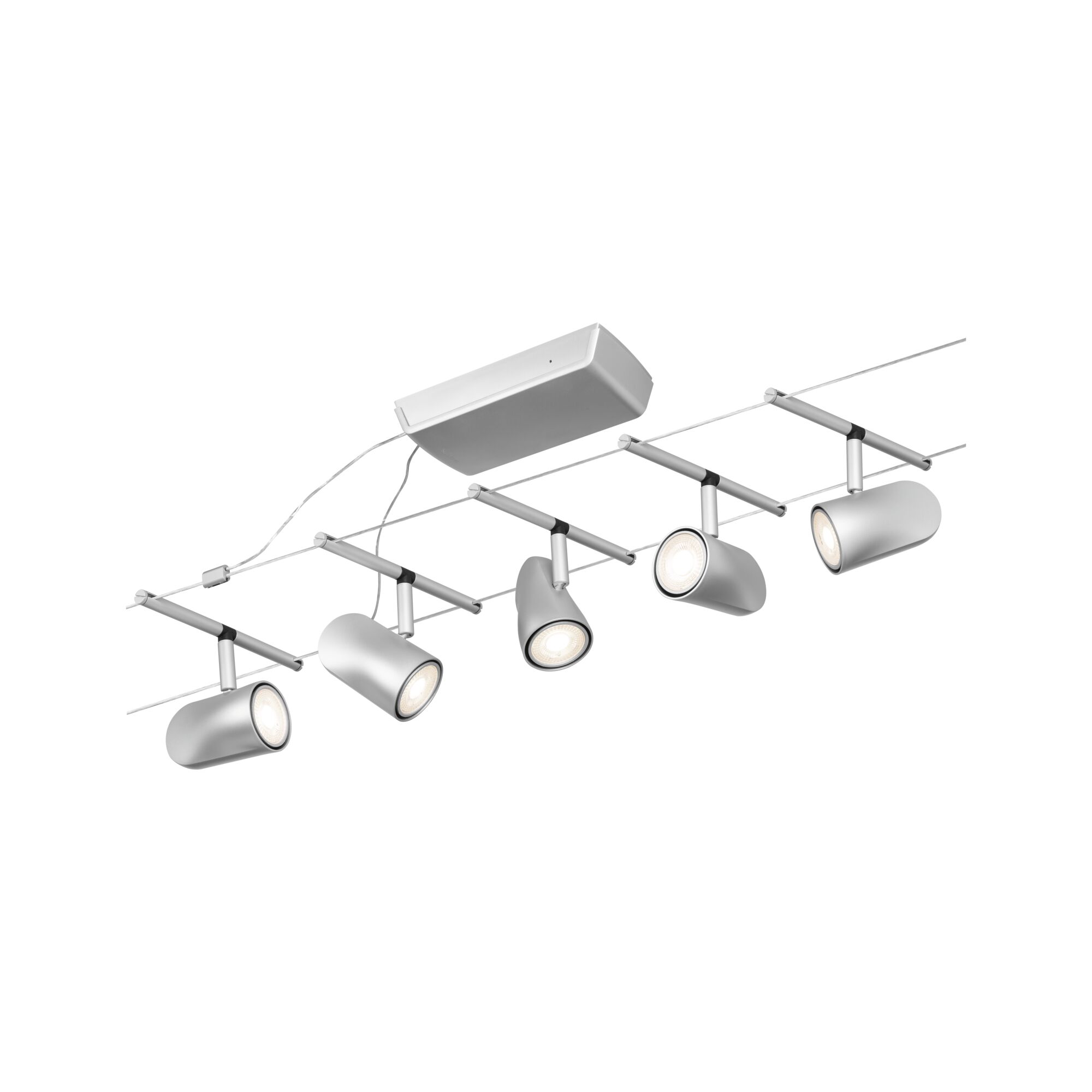Fünfflammige LED-Seilstrahler in Silber mit verstellbaren Leuchtenköpfen für moderne Raumbeleuchtung
