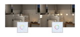 Moderne badkamer met witte wandtegels en dimbare LED-inbouwspots, bediend via touchpaneel.