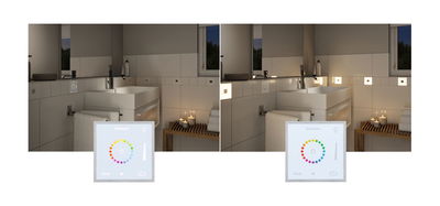 Modern bathroom with white wall tiles and dimmable LED recessed lights controlled by touch panel.