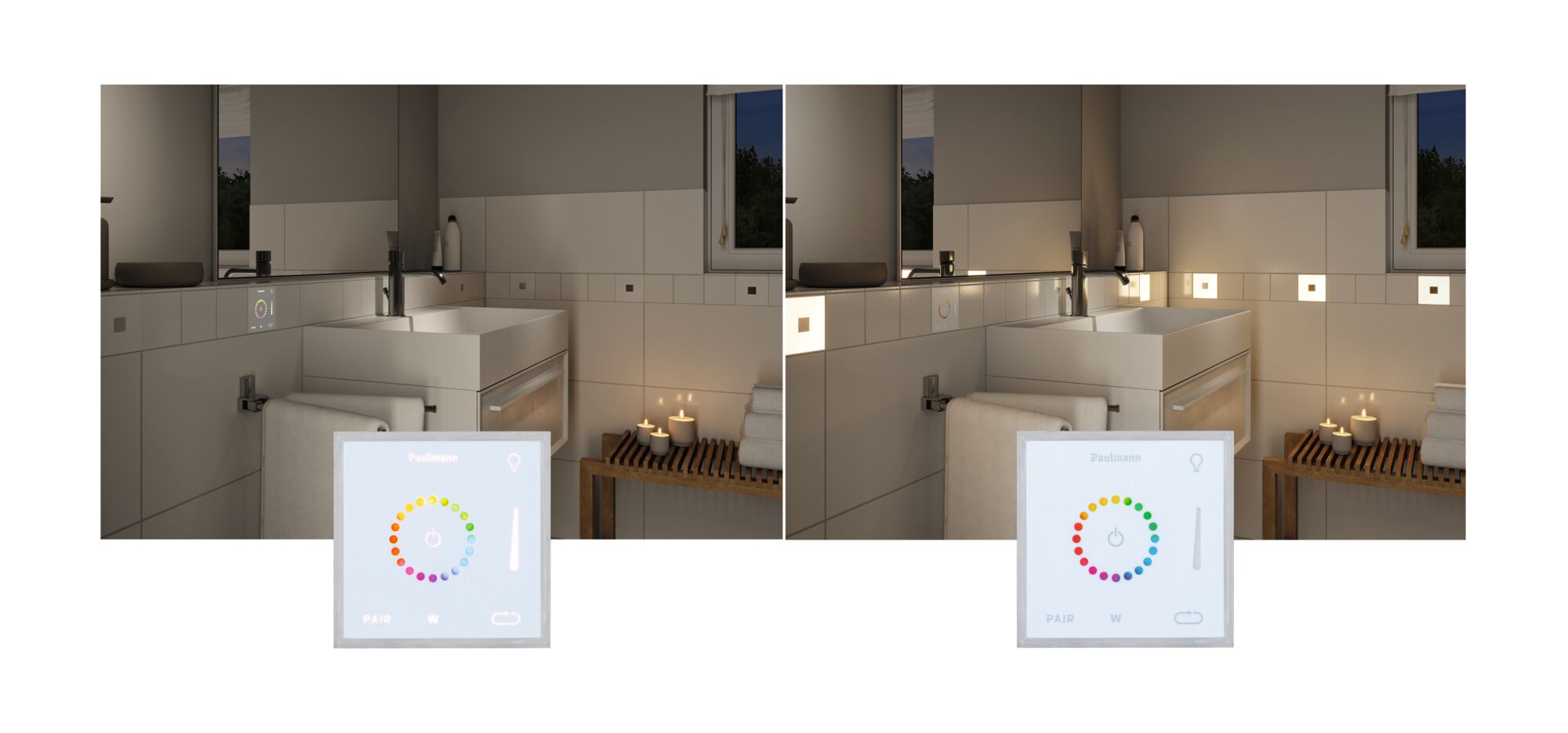 Modern bathroom with white wall tiles and dimmable LED recessed lights controlled by touch panel.