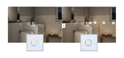 Salle de bain moderne avec carrelage mural blanc et éclairage LED encastré dimmable, commande tactile.