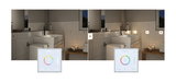 Modernes Badezimmer mit weißen Wandfliesen und dimmbaren LED-Einbauleuchten, Steuerung per Touchpanel.