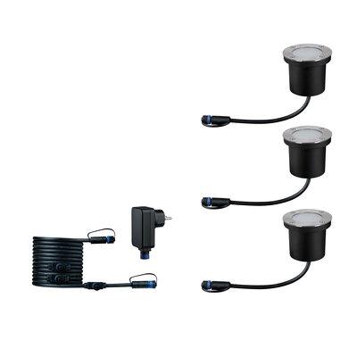 Set of three black metal LED ground lights with cables and power adapter for outdoor lighting