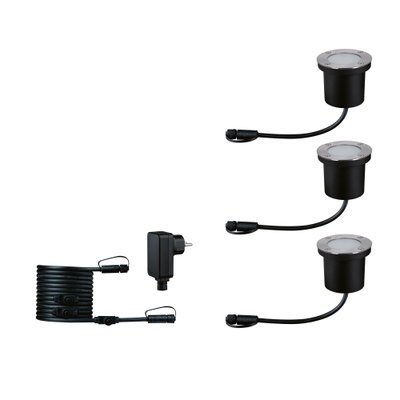 Black LED ground light with stainless steel rim and cable for outdoor garden lighting
