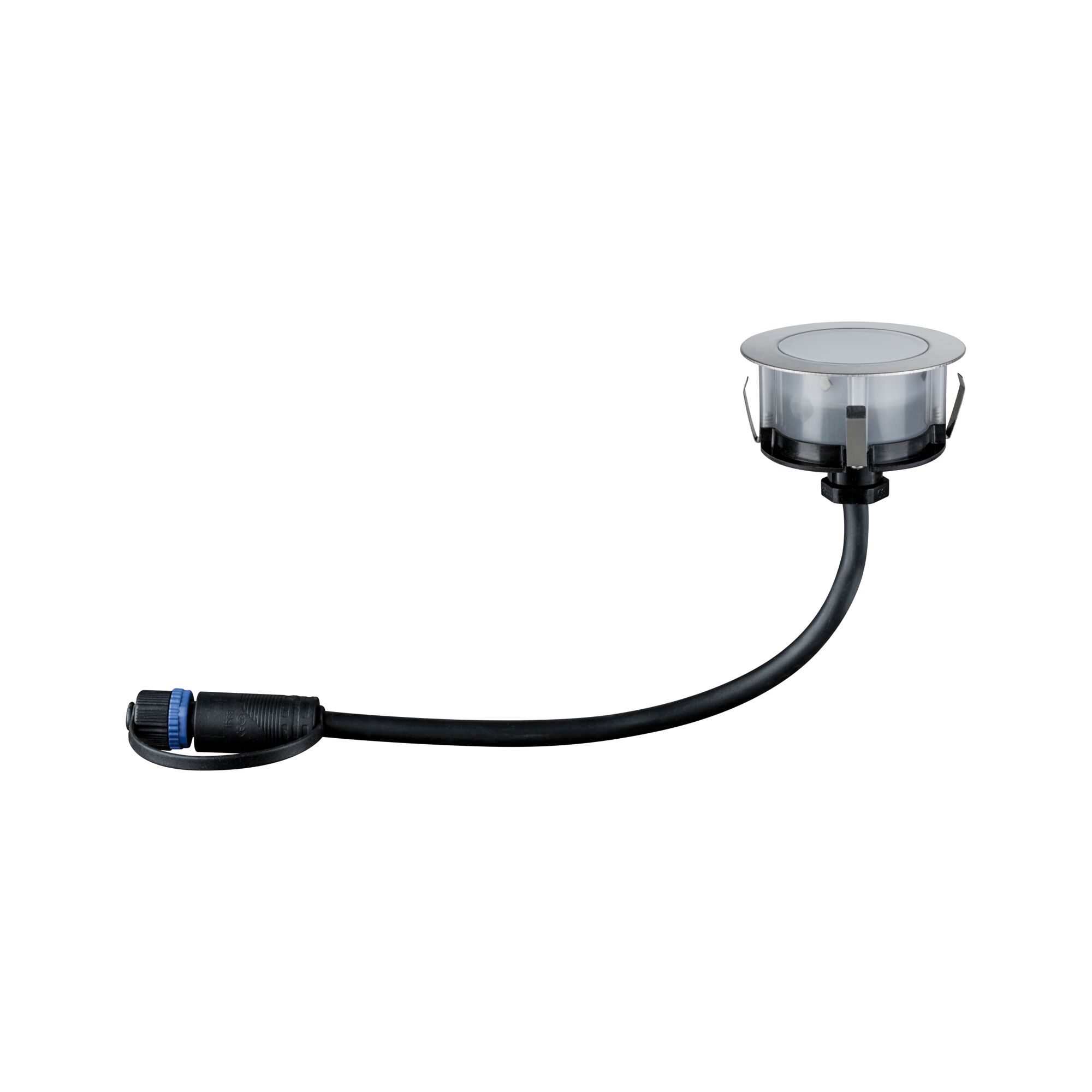 Round stainless steel recessed light insert with black cable and waterproof connector for outdoor lighting