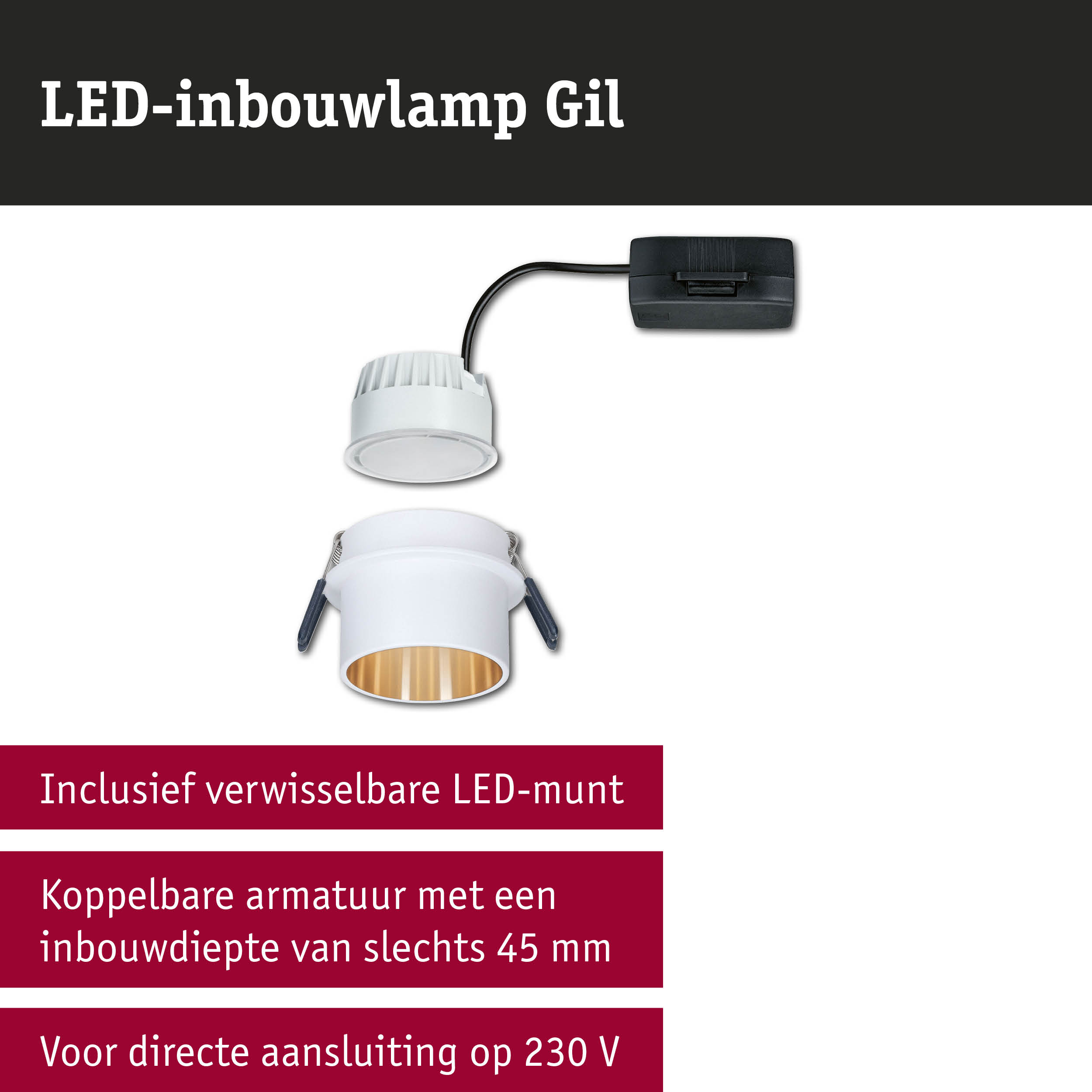Witte LED-inbouwlamp Gil met verwisselbare LED-munt en inbouwdiepte van 45 mm