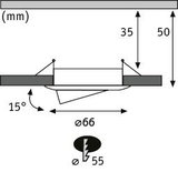 Technische tekening van inbouwspot met 66 mm diameter en 15 graden kanteling, afmetingen 50x35 mm.
