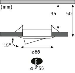 Technische Zeichnung eines Einbaustrahler mit 66 mm Durchmesser und 15 Grad Neigung, Maße 50x35 mm.