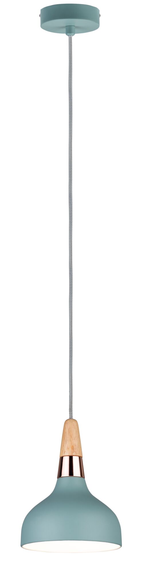 Blauwe metalen hanglamp met hout- en koperdetails, moderne verlichting voor woonruimtes.