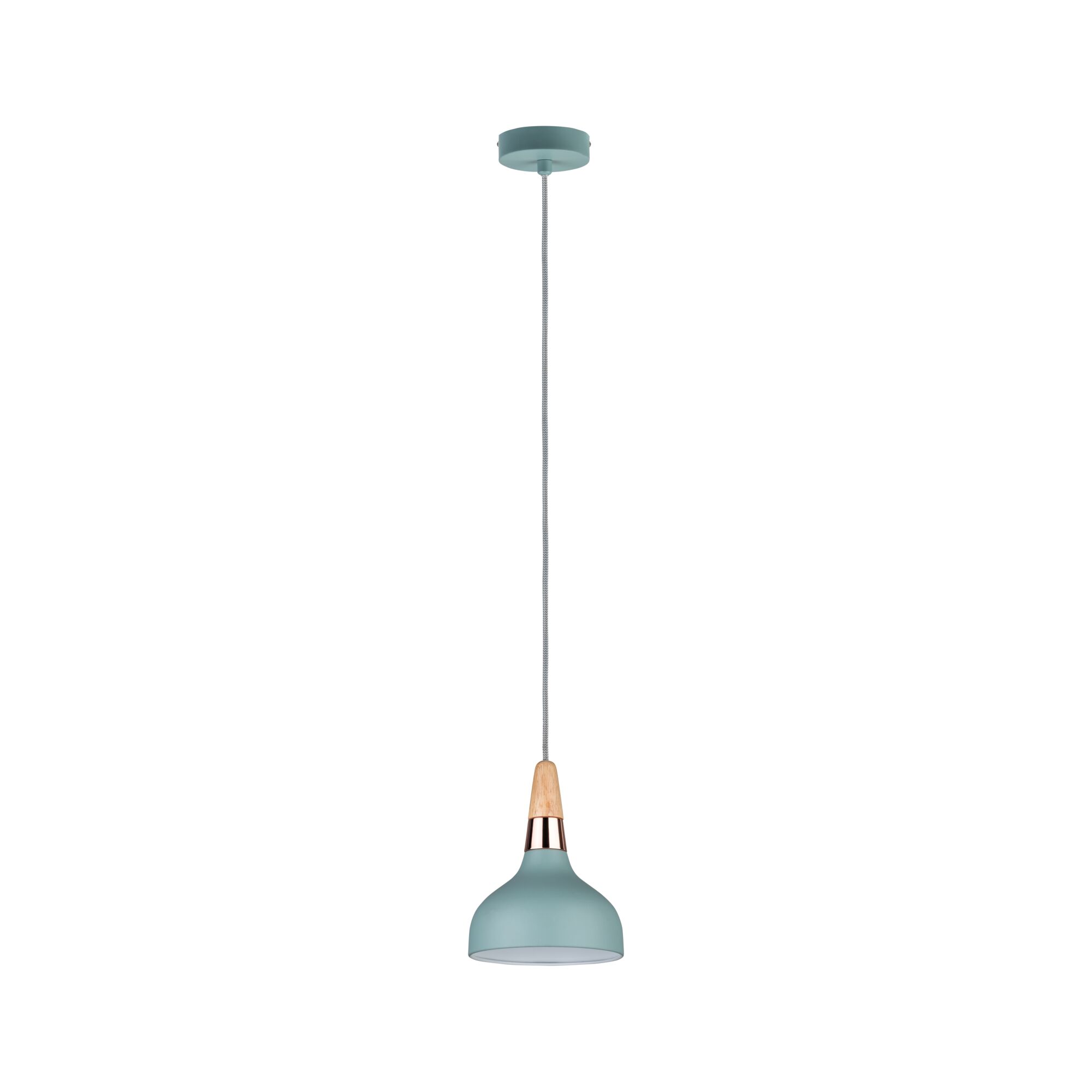 Blue metal pendant lamp with wood and copper accents, modern lighting for living spaces.