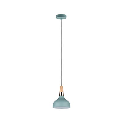 Blue metal pendant lamp with wood and copper accents, modern lighting for living spaces.