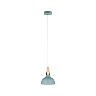 Blue metal pendant lamp with wood and copper accents, modern lighting for living spaces.