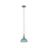 Blue metal pendant lamp with wood and copper accents, modern lighting for living spaces.