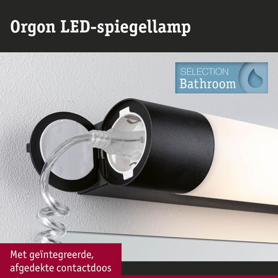 Zwarte Orgon LED-spiegellamp met geïntegreerde, afgedekte contactdoos voor badkamerverlichting