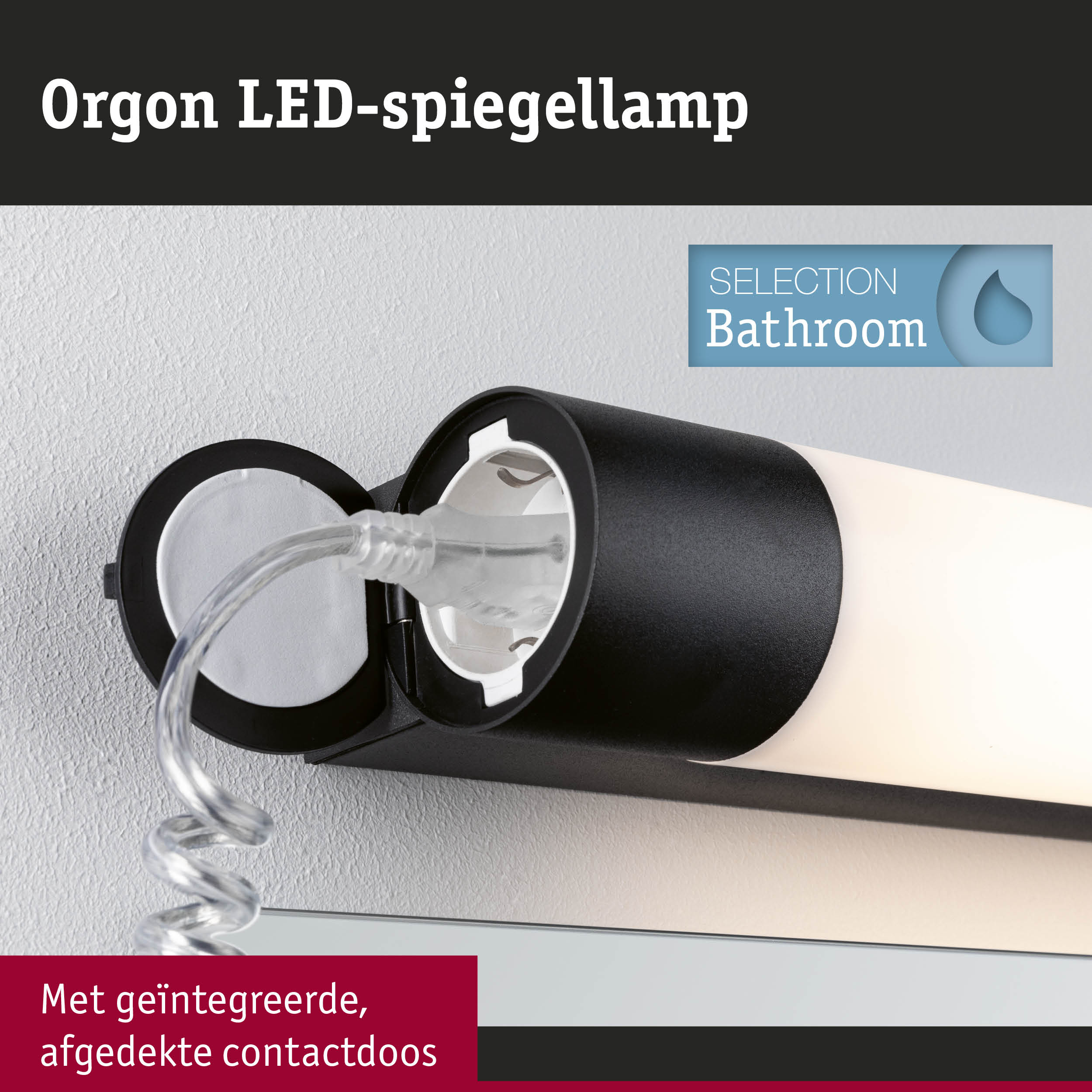 Zwarte Orgon LED-spiegellamp met geïntegreerd, afgedekt stopcontact voor badkamerverlichting
