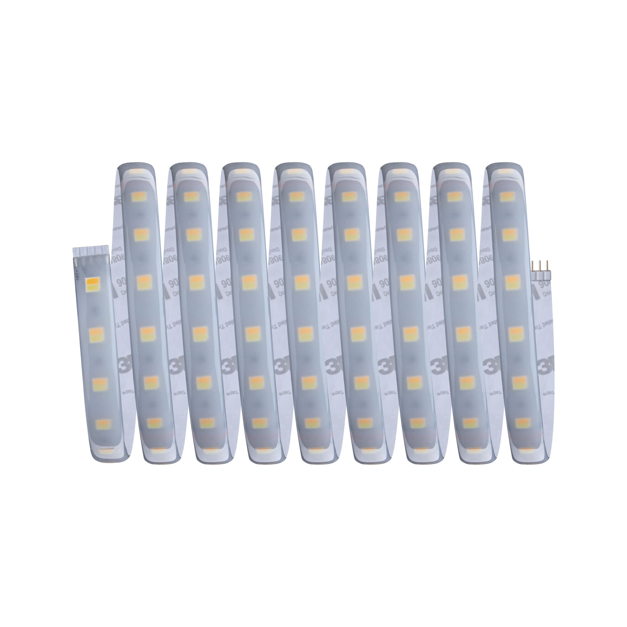 Flexible LED strip with warm white LEDs and adhesive backing for versatile lighting solutions.