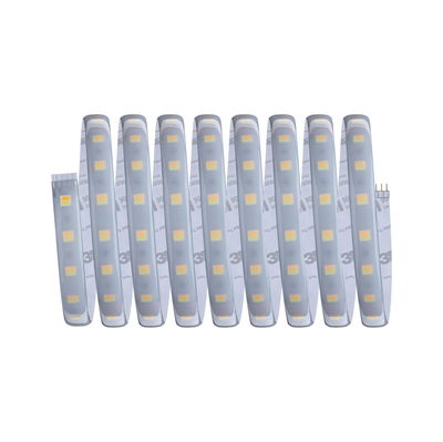 Flexible LED strip with warm white LEDs and adhesive backing for versatile lighting solutions.