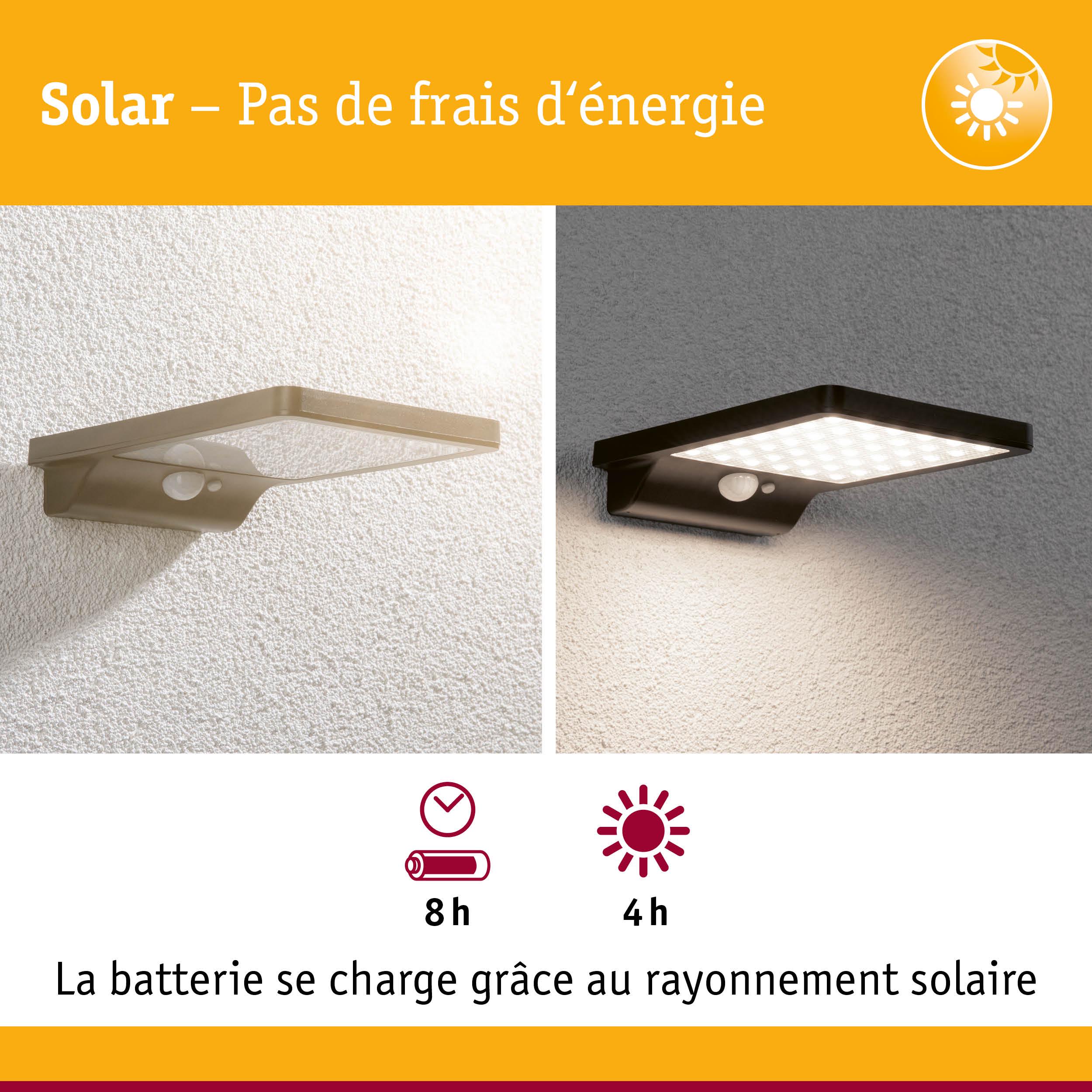Applique murale LED solaire noire avec détecteur de mouvement et autonomie de batterie de 8 heures