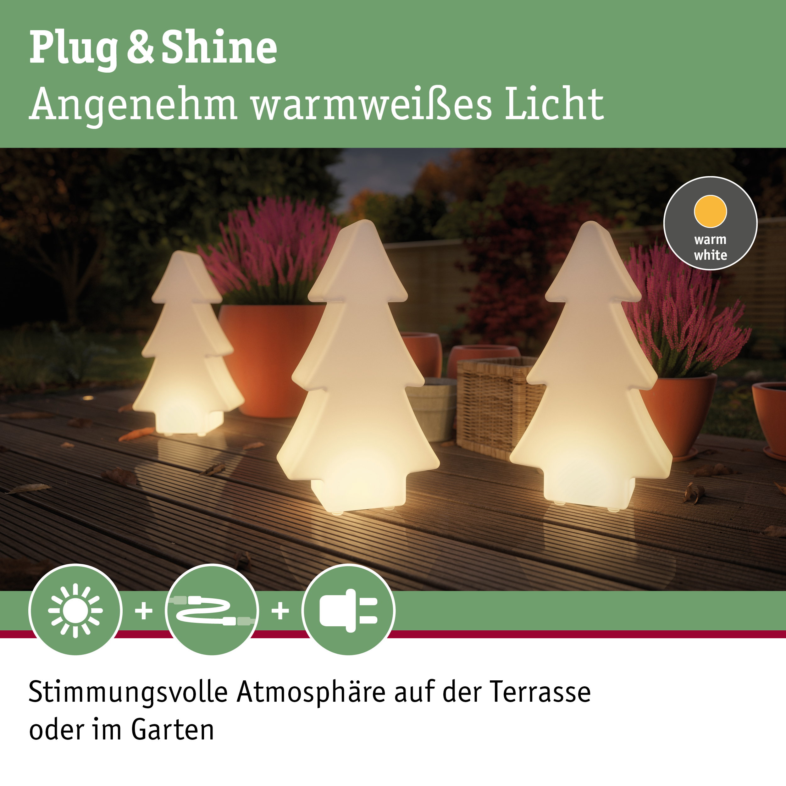 Weiße LED-Dekoleuchten in Baumform mit warmweißem Licht für Terrasse und Gartenbeleuchtung