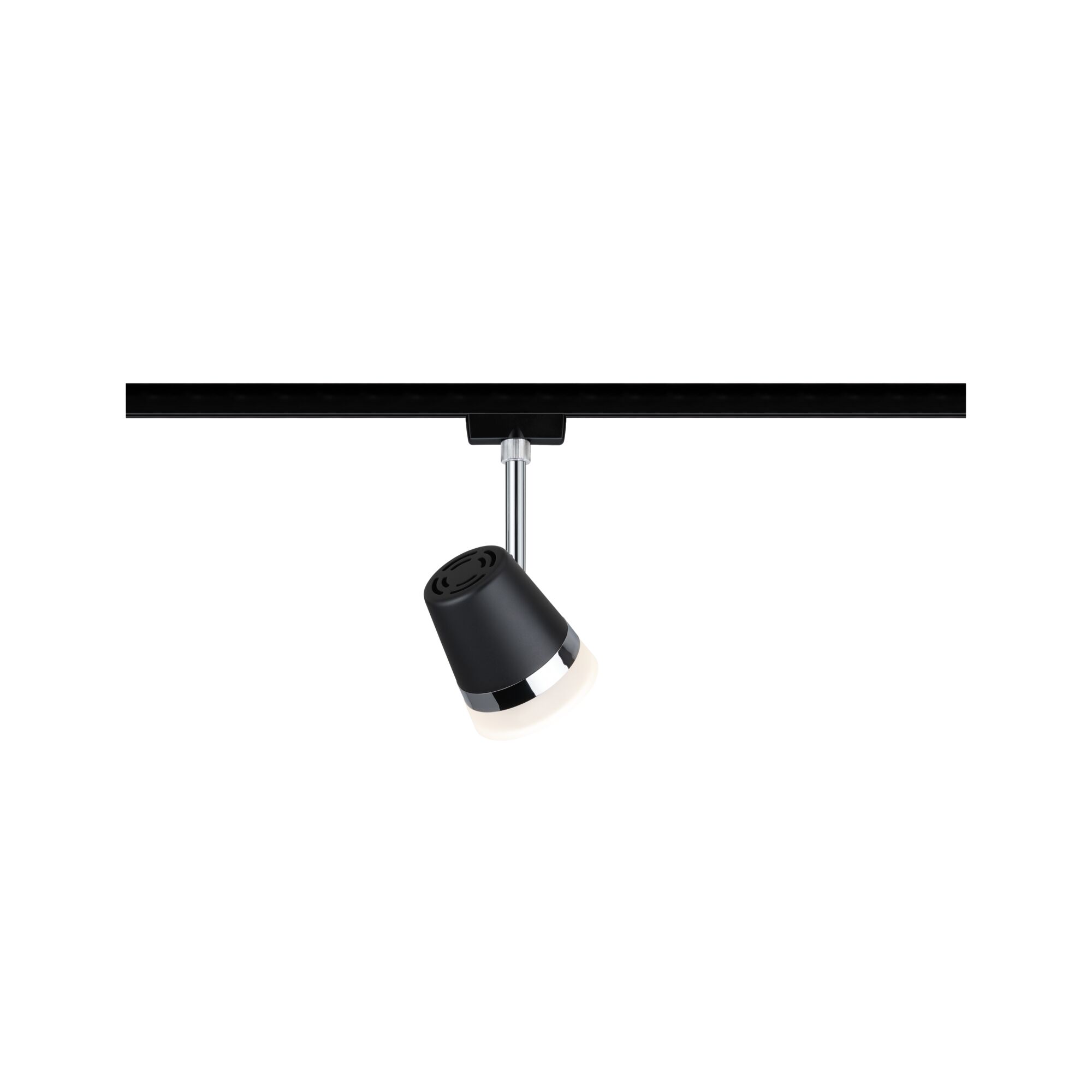 Black metal LED spotlight with chrome ring on track system for versatile room lighting