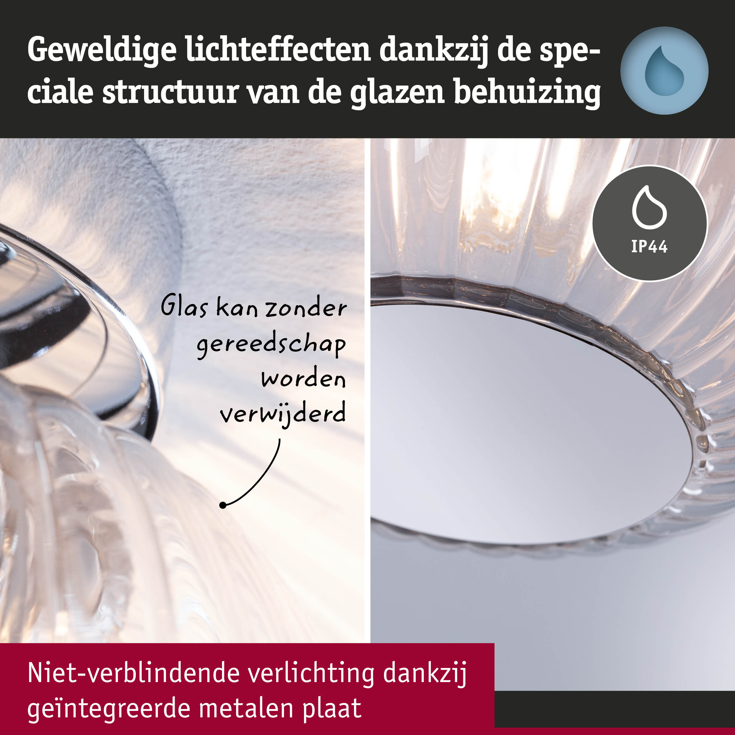 Glazen lamp met speciale structuur voor indrukwekkende lichteffecten en IP44 bescherming