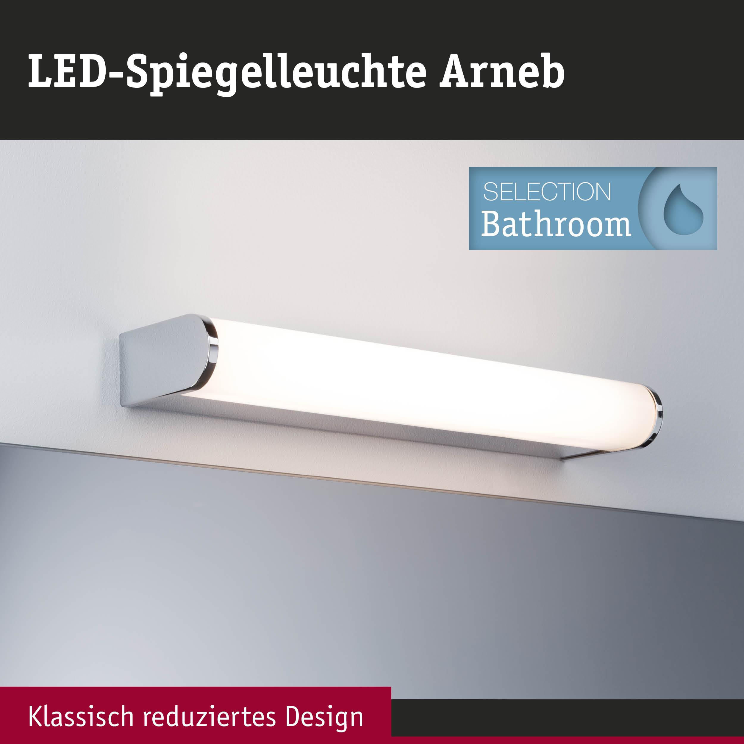 LED-Spiegelleuchte Arneb in weiß mit Chromakzenten für Badezimmer mit klassischem Design