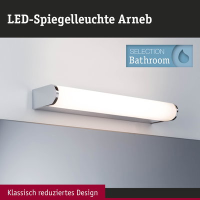 LED-Spiegelleuchte Arneb in weiß mit Chromakzenten für Badezimmer mit klassischem Design