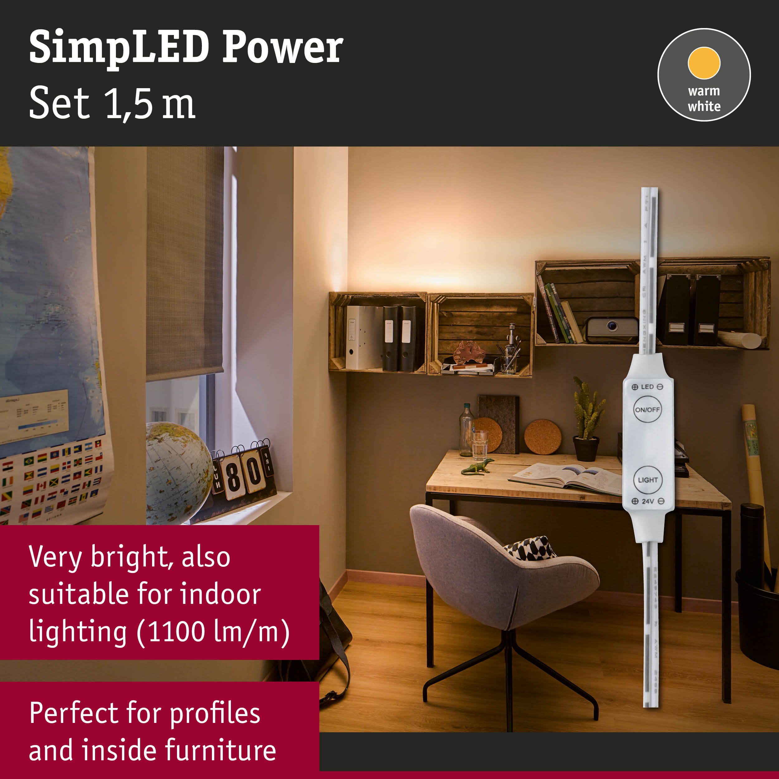 SimplLED Power 1.5m LED strip in warm white for indoor lighting and furniture profiles