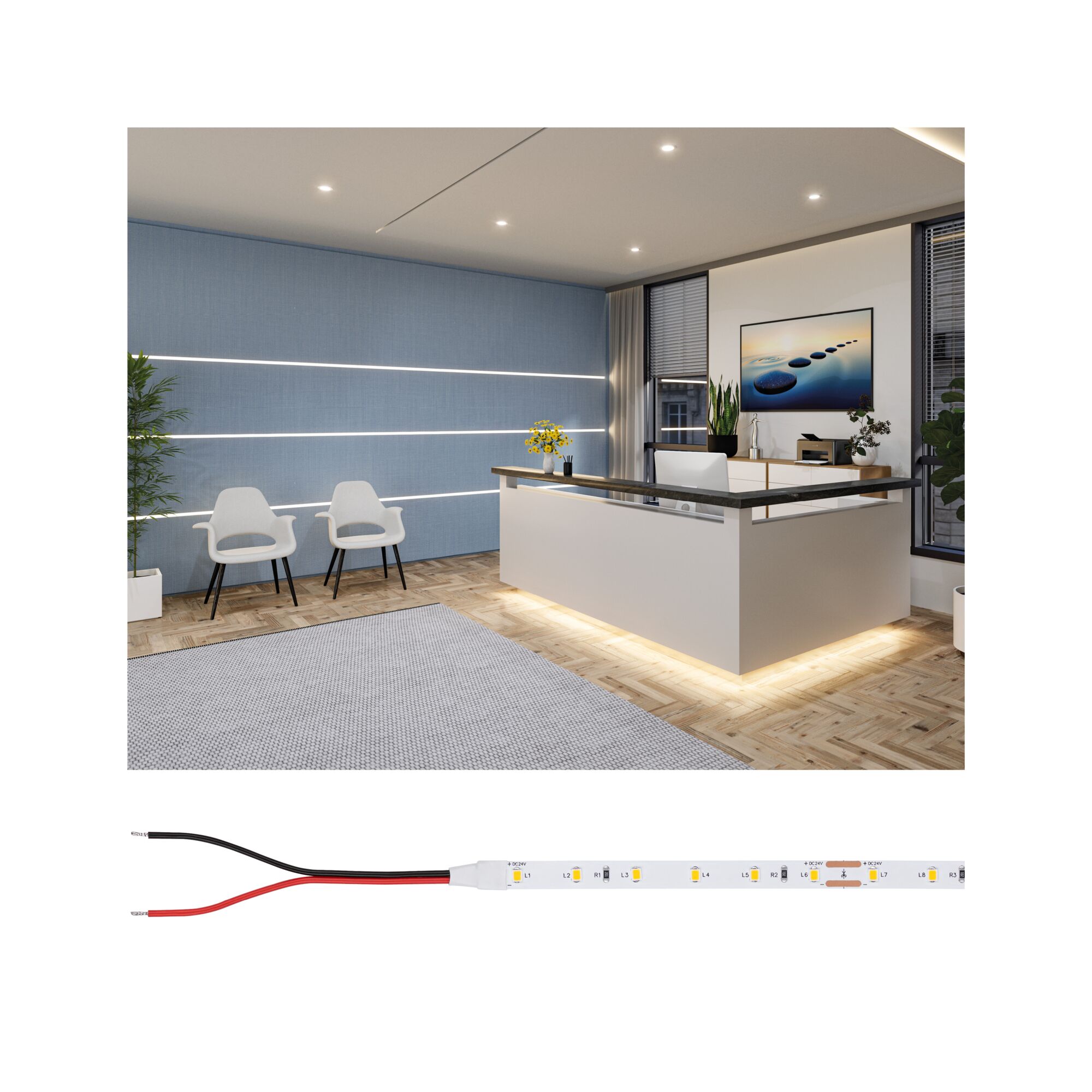 Pro Strip Strip LED Or P25 927 5m 22W 380lm/m 60 LEDs/m 2700K Bande LED à lumière blanche chaude dans un bureau moderne avec comptoir d'accueil et mur bleu.