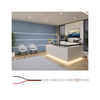 LED strip light with warm white glow in modern office reception area with blue wall and chairs.