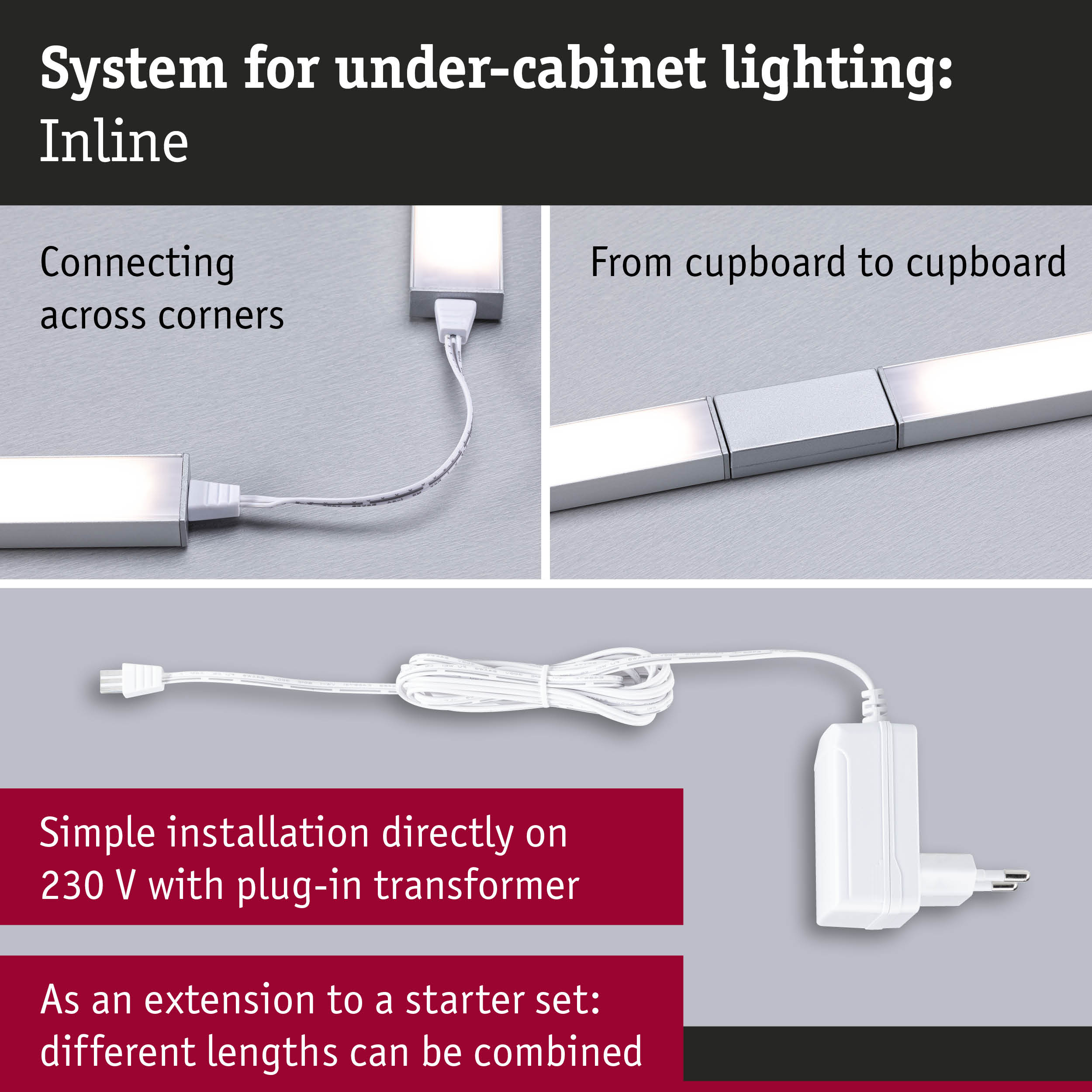 Under-cabinet lighting system with white LED strips and connectors for easy installation and corner connections