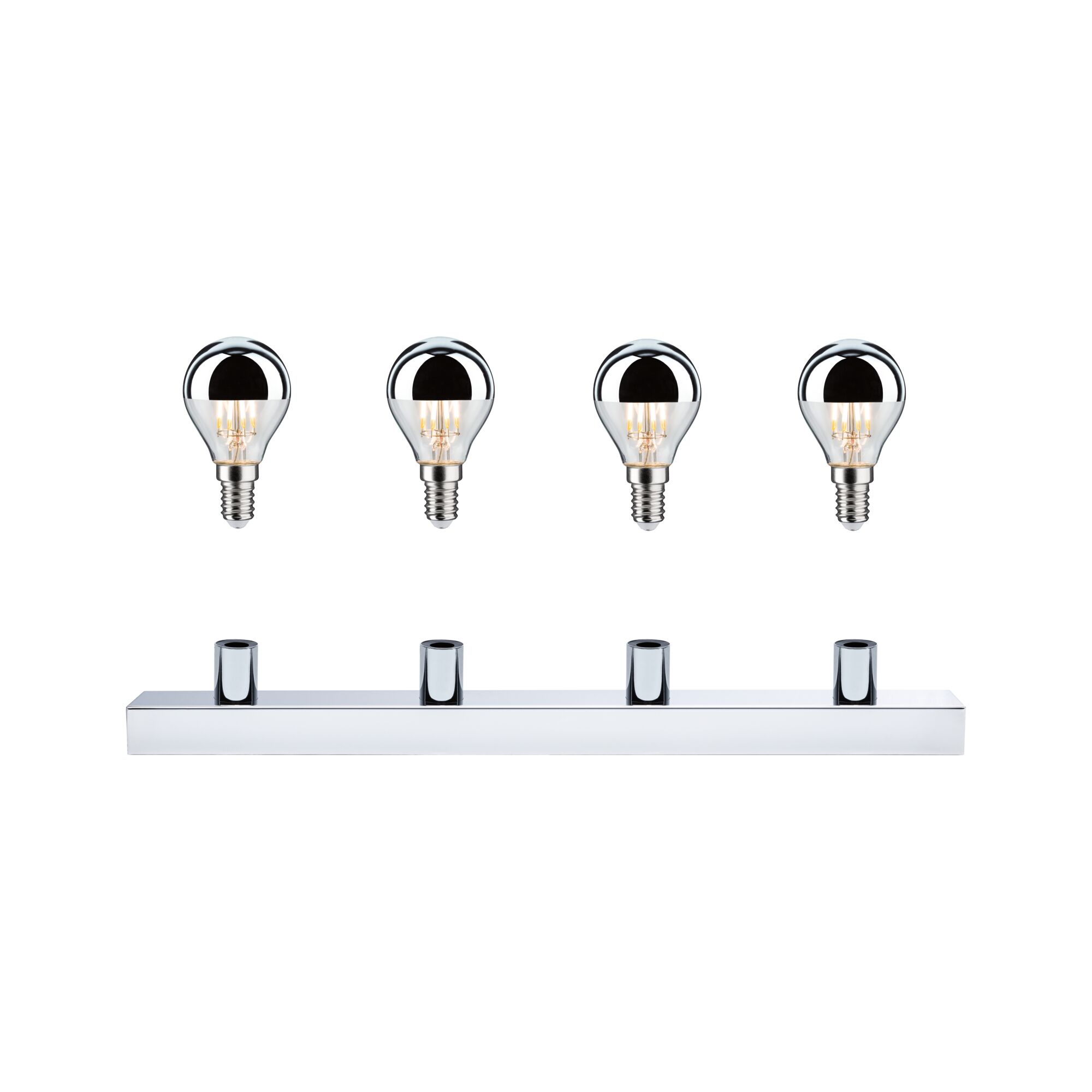 Vier LED-lampen met zilveren spiegelkap en chromen houder voor moderne verlichting.