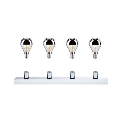 Vier LED-Glühbirnen mit silberner Spiegelkappe und verchromter Halterung für moderne Beleuchtung.