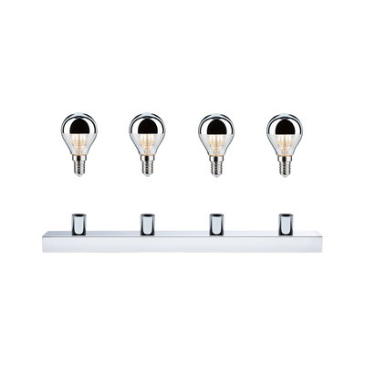 Vier silberne LED-Glühbirnen mit Spiegelkappen über verchromter Leiste für moderne Beleuchtung