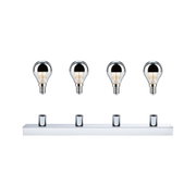 Four silver LED bulbs with mirror caps above chrome bar for modern lighting design