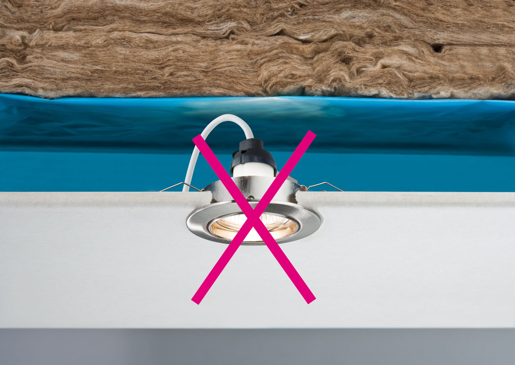 Recessed light marked with red cross, installation in ceiling with insulation and blue foil not allowed