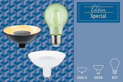 Paulmann Edition Special light bulbs in black, white, and green glass with GU5.3, GU10, and E27 bases