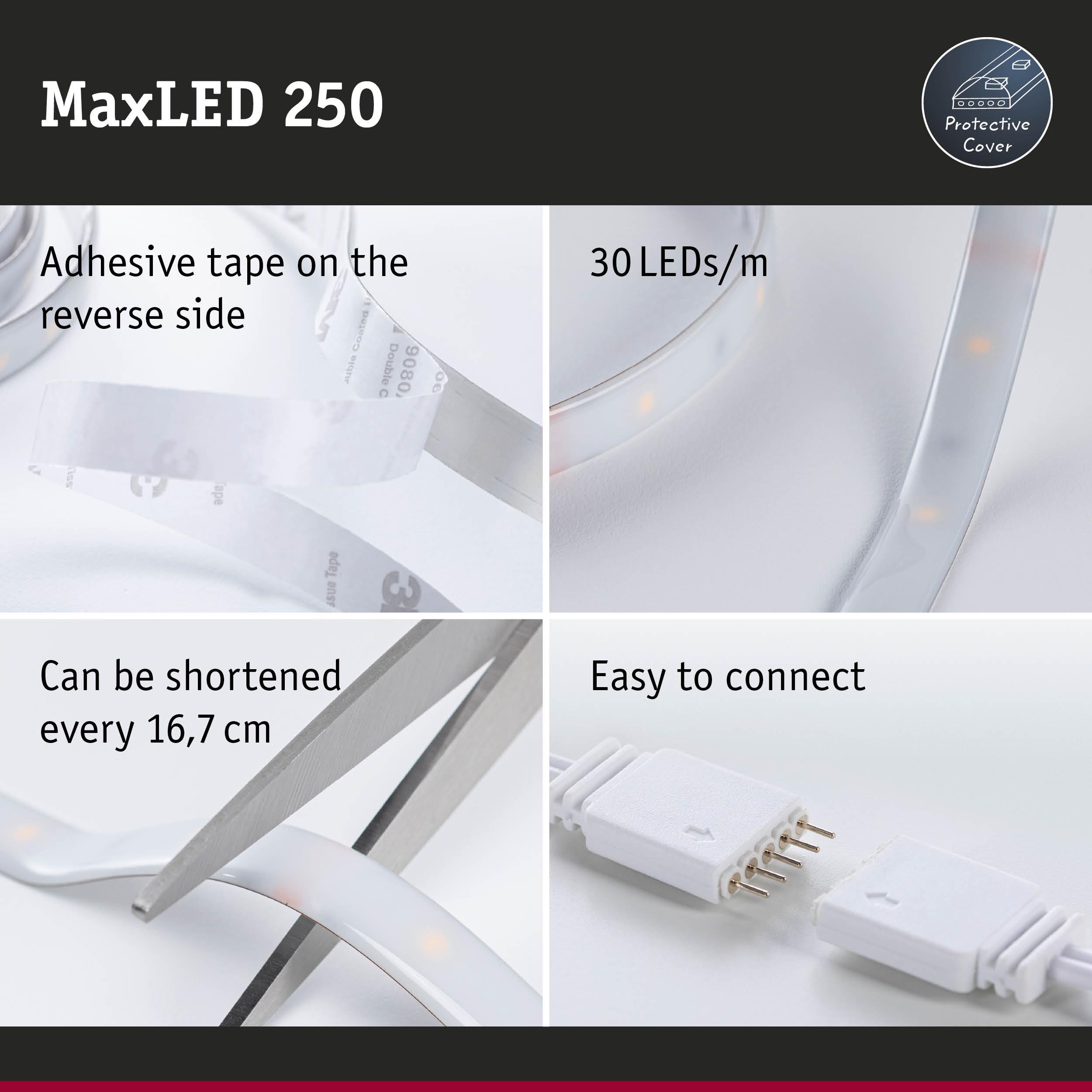 MaxLED 250 LED strip with adhesive tape, 30 LEDs per meter, cuttable every 16.7 cm, easy to connect